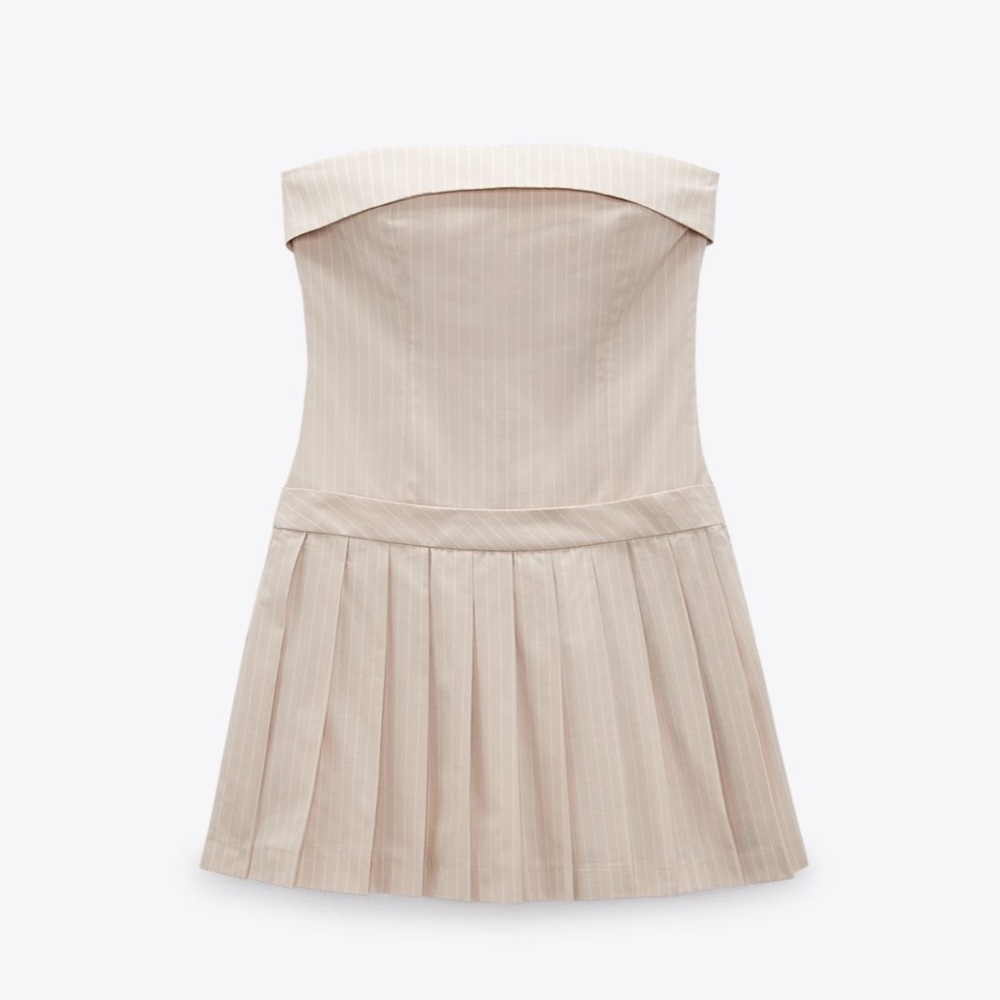 Pinstripe tube pleated mini dress cream / ivory / light nude- strapless - Picture 5 of 11